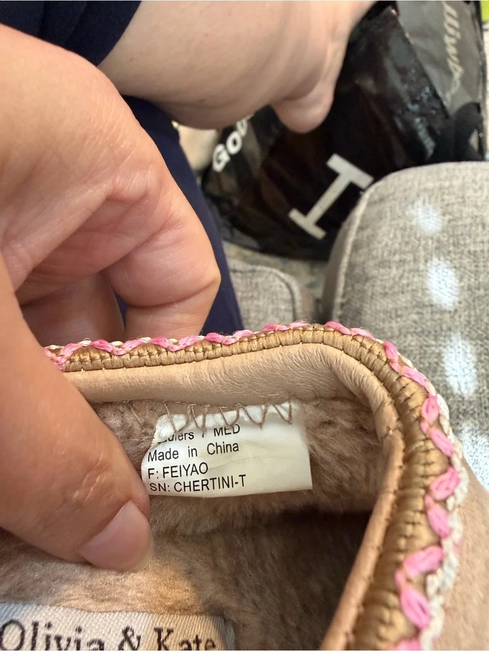 Olivia & Kate Tan Mule platform Slip-On fur lined with Pink Braided Trim size 7